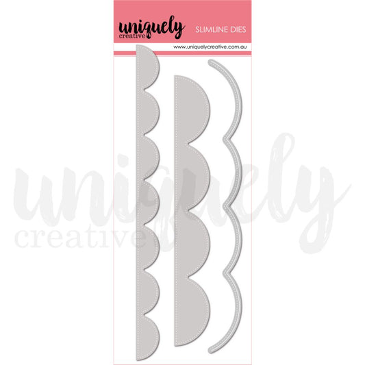 Uniquely Creative Oversized Scallop Strip Die — three-piece slimline scallop border die set including stitched strip, oversized strip, and edge die