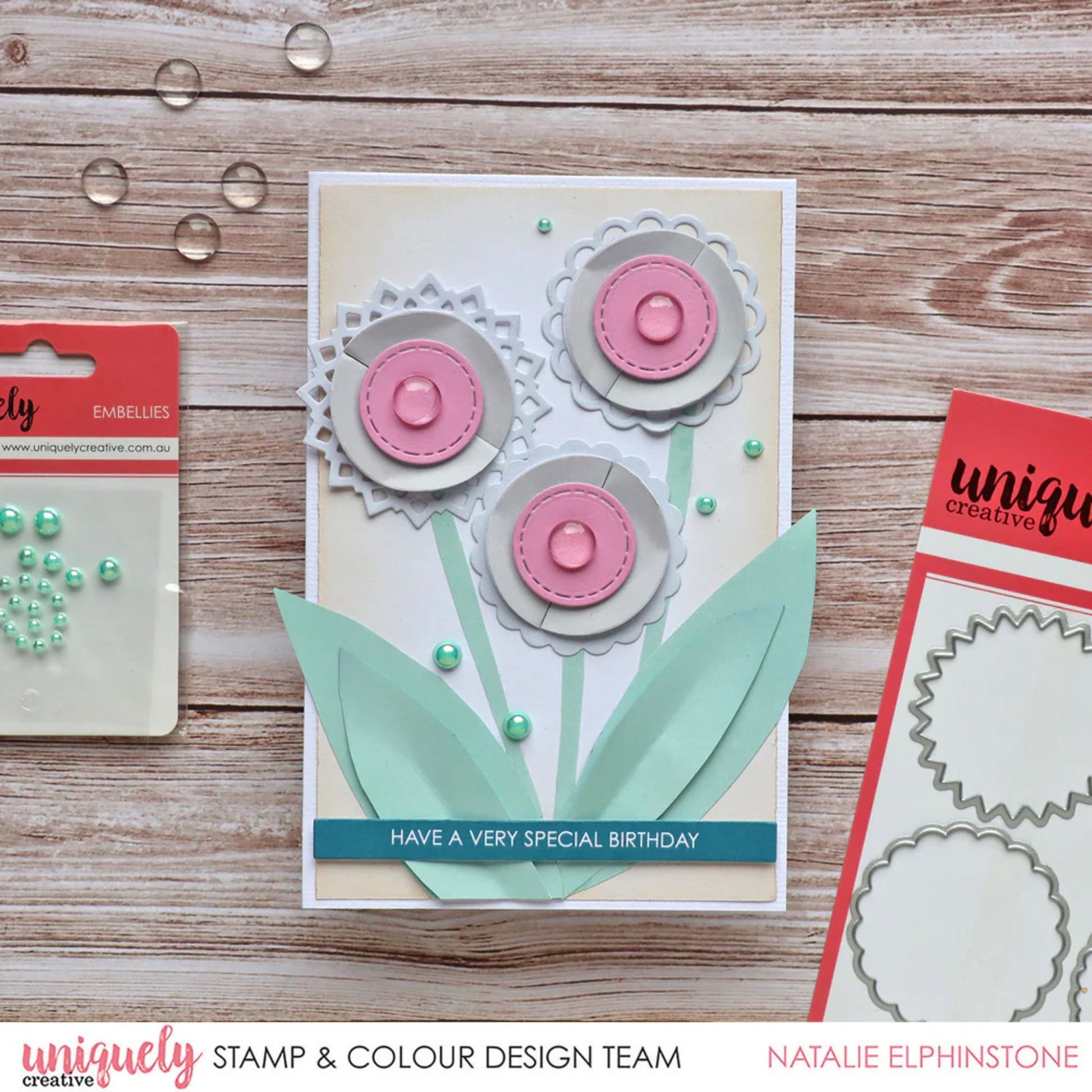 Birthday card featuring layered die-cut circles using Uniquely Creative Cut-A-Part Essentials #9 Die with pink, grey and white scalloped edges, mint green leaves, aqua enamel dots and Have a Very Special Birthday sentiment