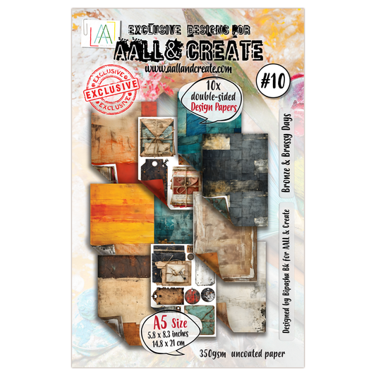 AALL & Create Bronze & Brassy Days #10 A5 paper pack showing front of packaging with 10 double-sided design papers in bronze, turquoise, cream and charcoal distressed textures with fussy-cut tags and ephemera elements