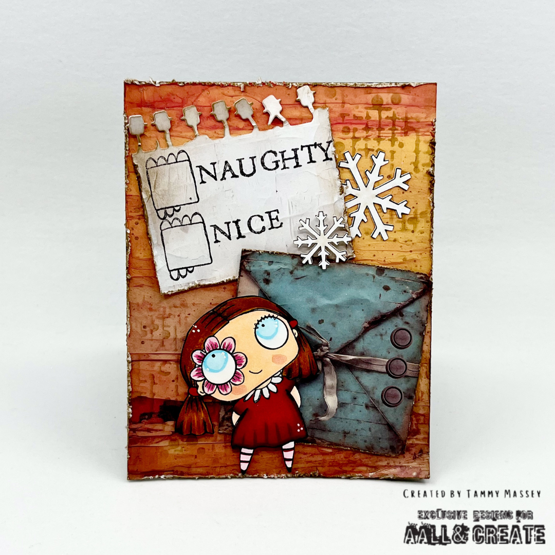 Christmas card made with AALL & Create Bronze & Brassy Days papers featuring 'Naughty Nice' checklist, cute character in red with flower, snowflakes, and distressed orange and turquoise layered backgrounds