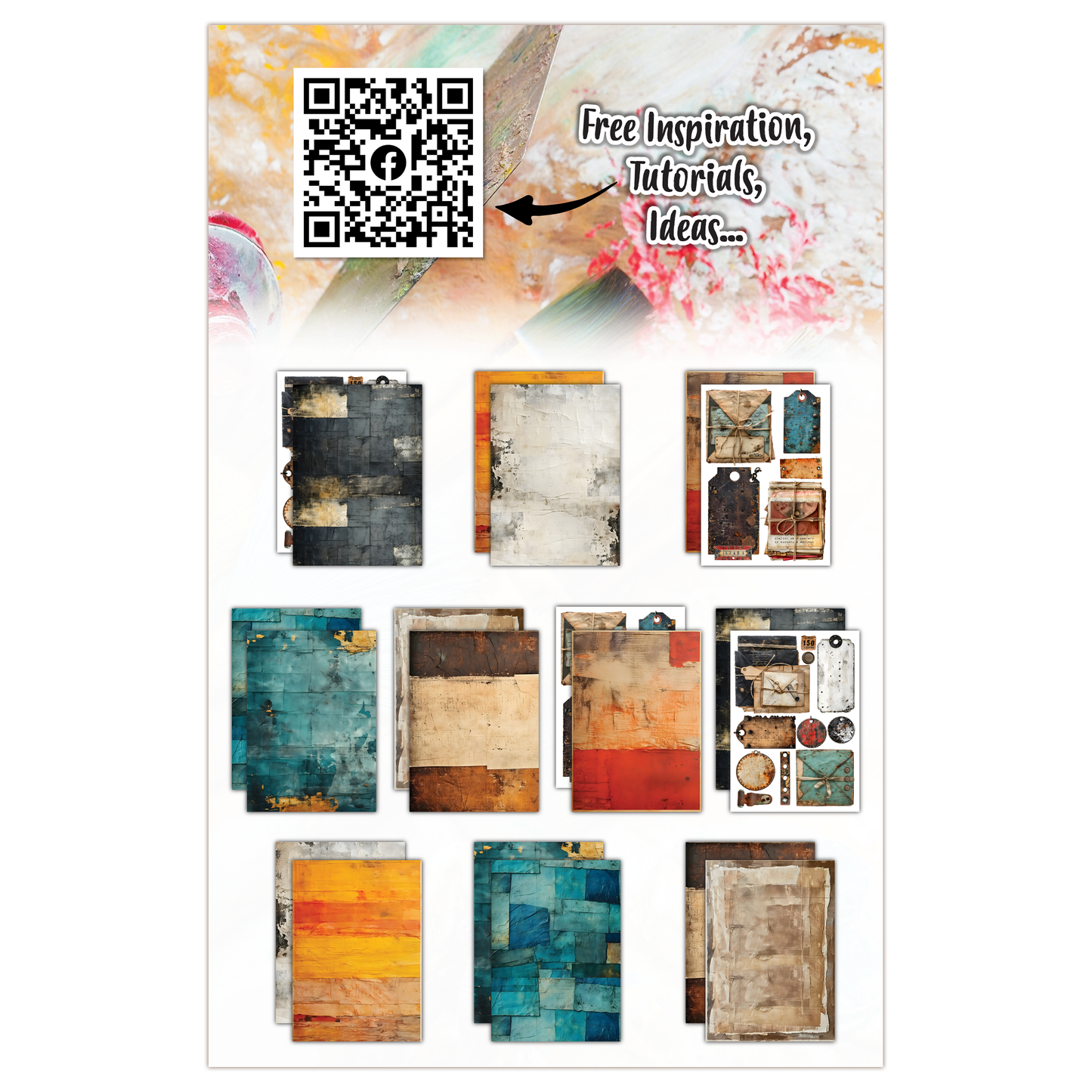 AALL & Create Bronze & Brassy Days #10 A5 paper pack showing reverse of packaging with all 10 double-sided design papers displayed including distressed backgrounds and fussy-cut elements in bronze, turquoise and cream tones