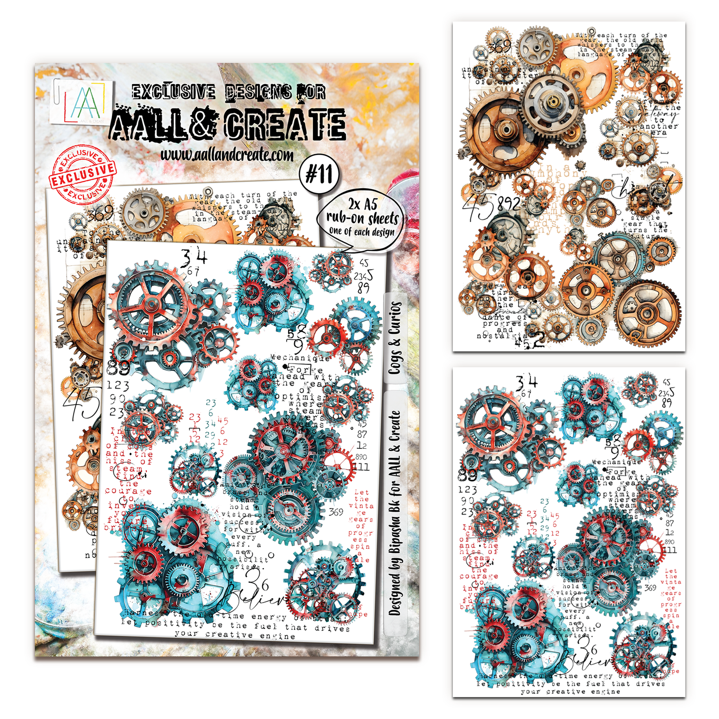 Product packaging showing AALL & Create Cogs & Curios #11 rub-on transfer sheets with turquoise and coral steampunk gears displayed on both A5 sheets with vintage text and mechanical elements
