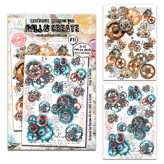 Product packaging showing AALL & Create Cogs & Curios #11 rub-on transfer sheets with turquoise and coral steampunk gears displayed on both A5 sheets with vintage text and mechanical elements