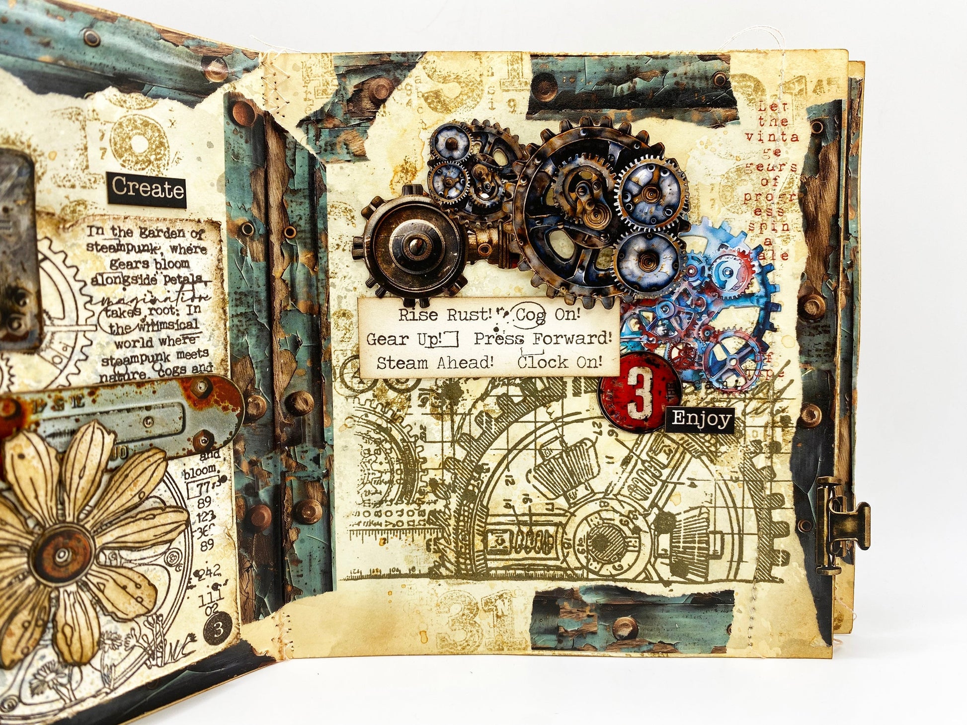 Steampunk mixed media art journal spread made with AALL & Create Cogs & Curios rub-ons featuring turquoise and coral gears, vintage text, dimensional metal embellishments, and distressed turquoise borders with brass hardware