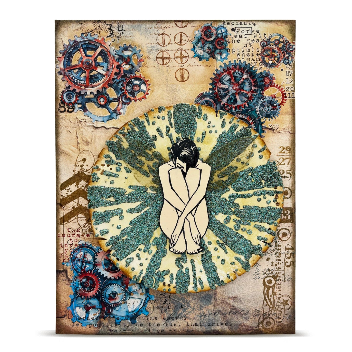 Mixed media art card made with AALL & Create Cogs & Curios rub-ons featuring figure silhouette with turquoise and teal glitter sunburst, coral and turquoise mechanical gears, vintage text, and distressed cream background