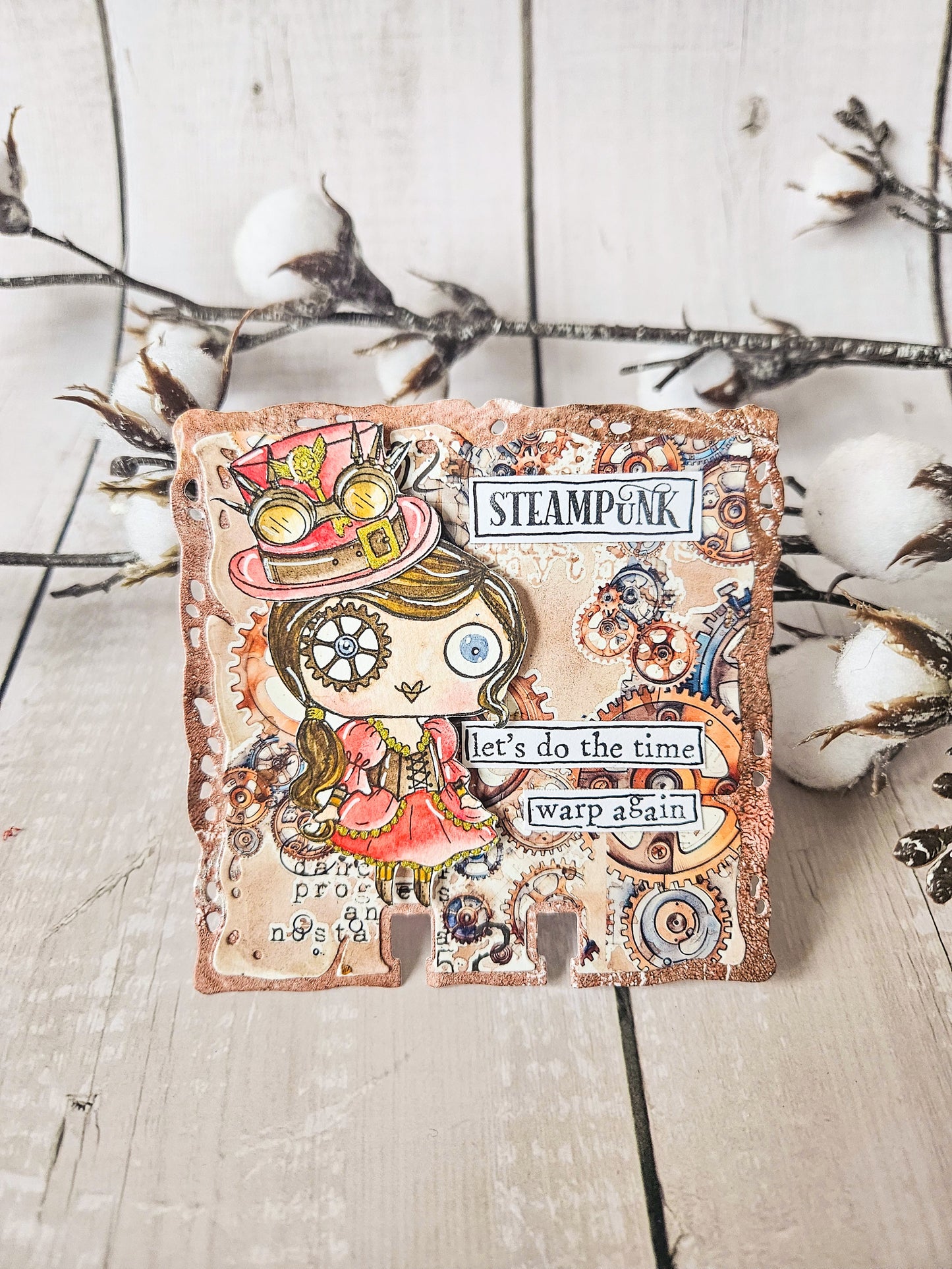 Steampunk index card made with AALL & Create Cogs & Curios rub-ons featuring cute character in top hat, coral and turquoise gears, 'Let's do the time warp again' sentiment on distressed white wood background