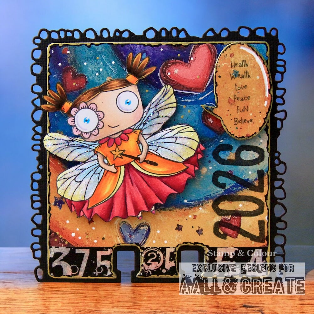 Mixed media index card using AALL & Create number and symbol stamps creating '2026' with turquoise and coral watercolour background, gold splatter, and layered ephemera elements