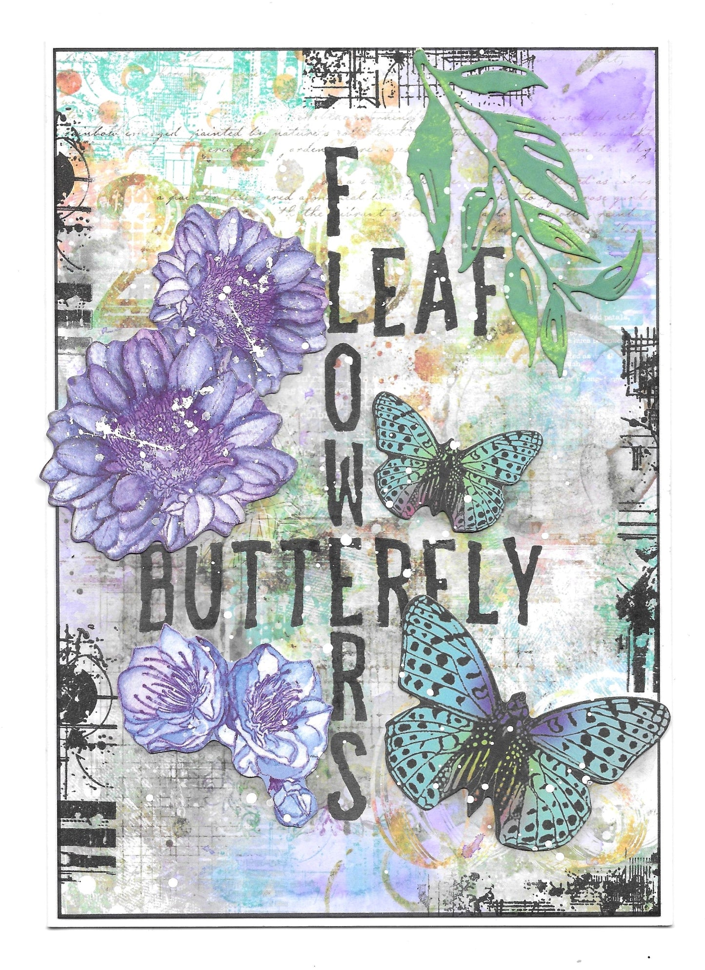 Mixed media art journal page using AALL & Create Spelling Spectacle stamps with 'FLOWERS', 'LEAF' and 'BUTTERFLY' text, purple watercolour flowers, turquoise butterflies, and tropical leaves on layered vintage background