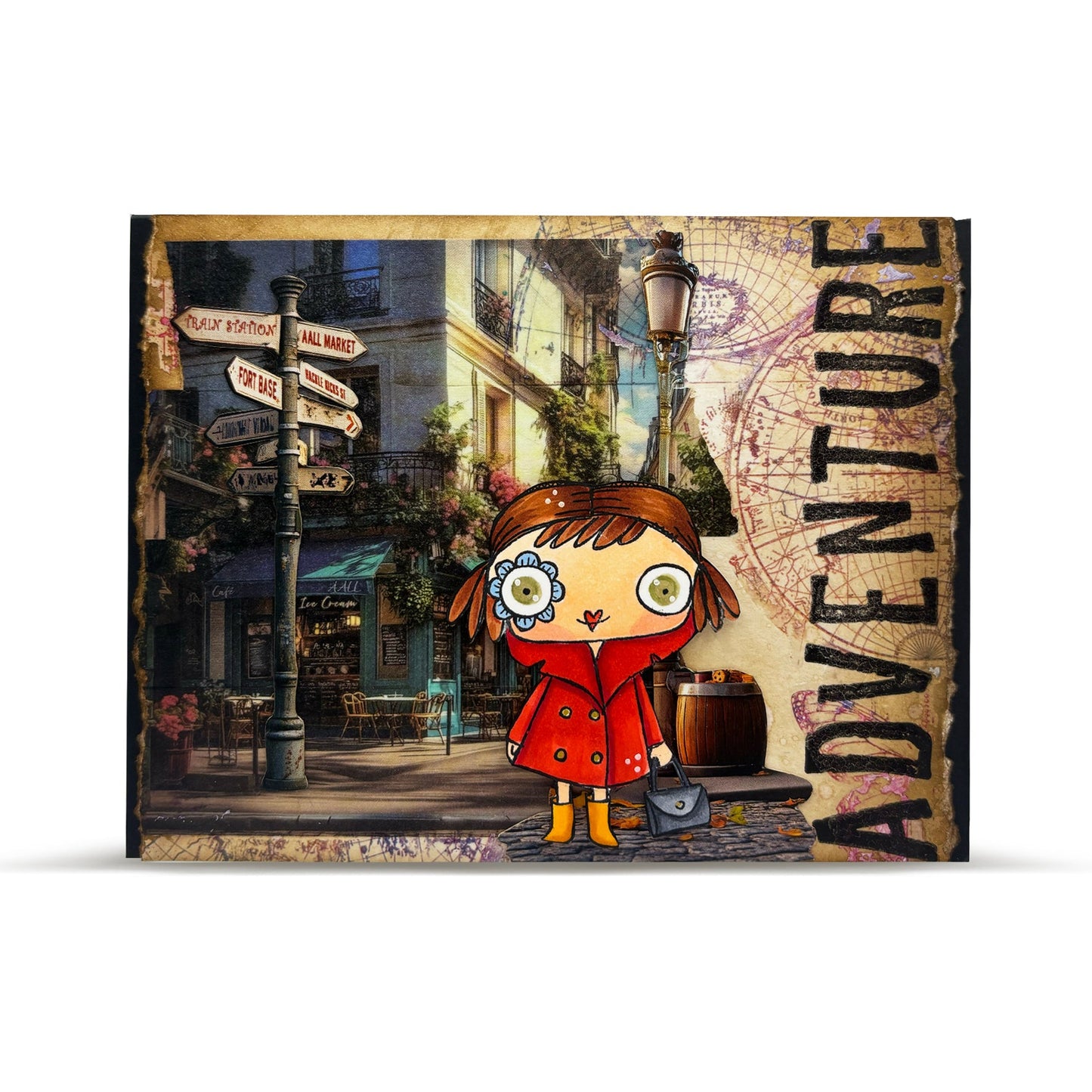 'Adventure' mixed media card using AALL & Create alphabet stamps with whimsical character in red coat, Parisian street scene background in collage style