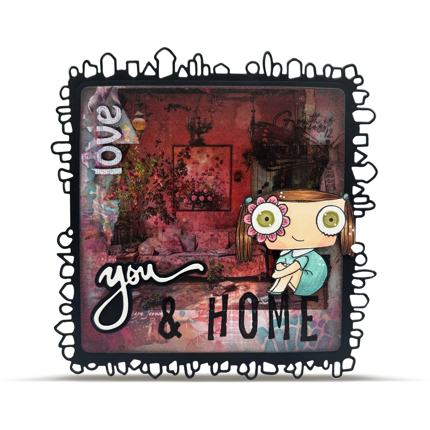 'Love You & Home' mixed media artwork featuring AALL & Create Spelling Spectacle stamps with die-cut border, cute character illustration, and romantic pink-toned vintage interior scene