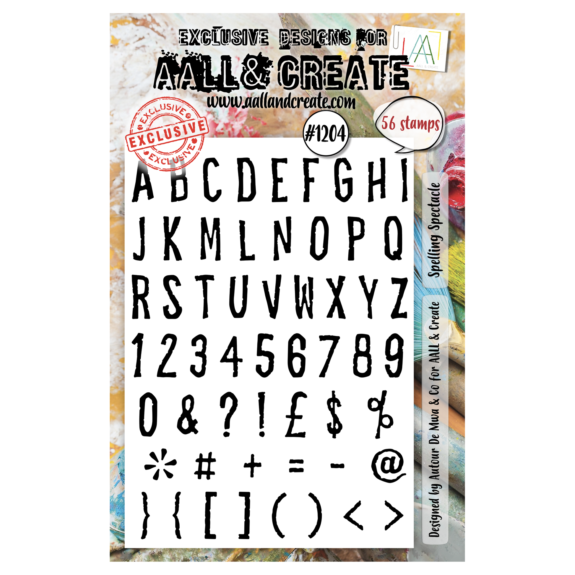 AALL & Create Spelling Spectacle #1204 clear photopolymer stamp set showing complete alphabet A-Z, numbers 0-9, and punctuation symbols including ampersand, question mark, dollar sign, and brackets on transparent backing sheet