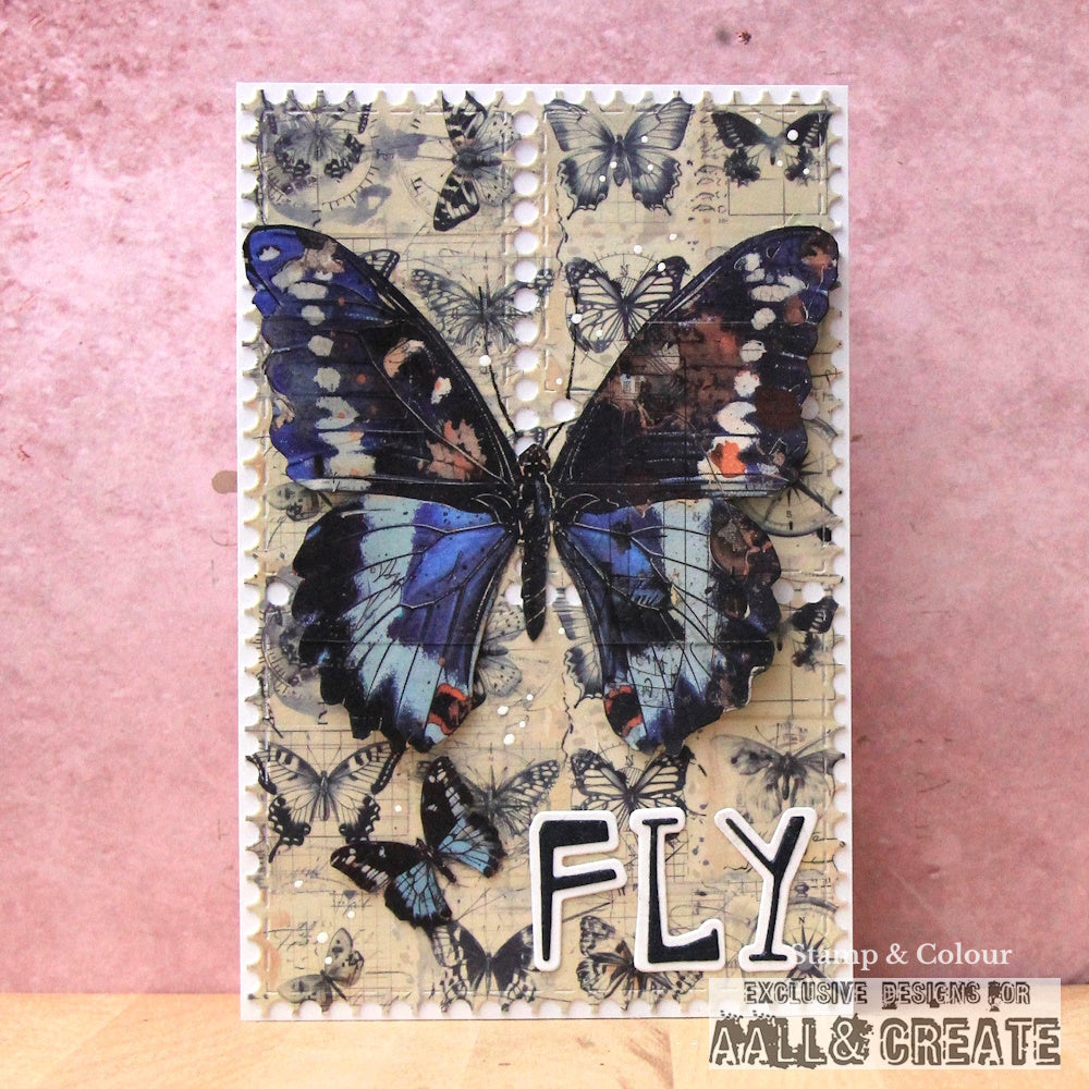 'FLY' mixed media art card made with AALL & Create Letter Soup alphabet dies featuring large blue morpho butterfly, vintage background, layered butterfly collage in black and grey tones with dimensional die-cut letters