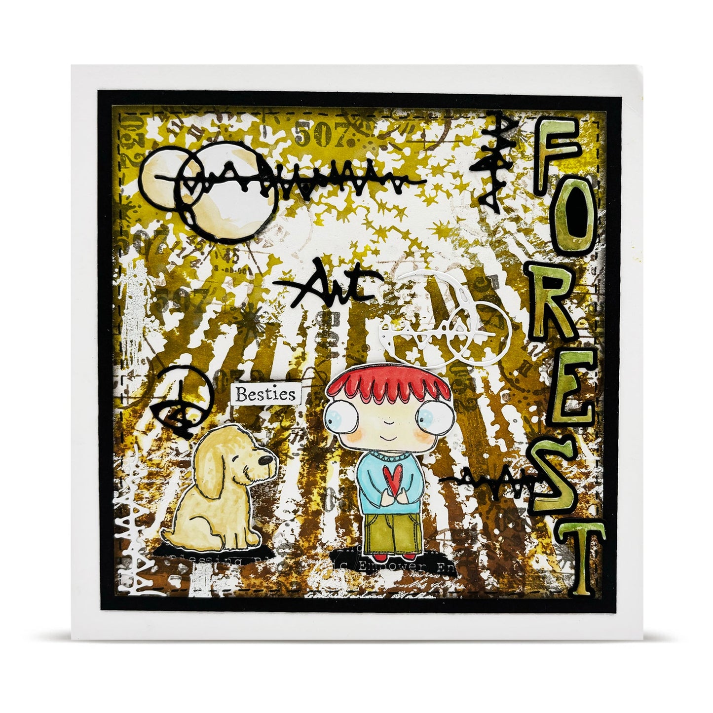 'Besties' mixed media art card made with AALL & Create Letter Soup dies featuring cute child and dog characters, olive green and white distressed background with stencilled stars and vertical 'FOREST' die cut lettering