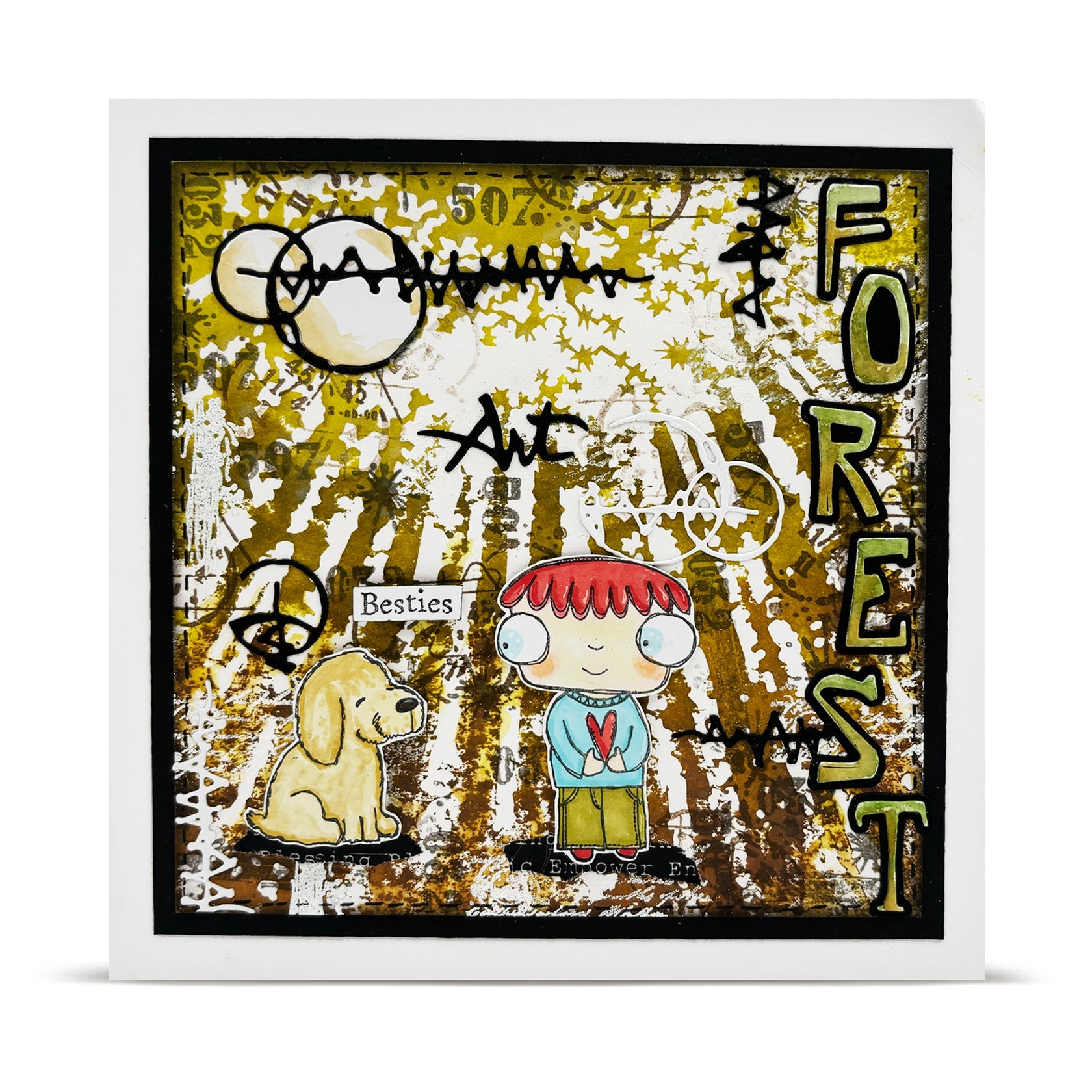 'Besties' mixed media art card made with AALL & Create Letter Soup dies featuring cute child and dog characters, olive green and white distressed background with stencilled stars and vertical 'FOREST' die cut lettering