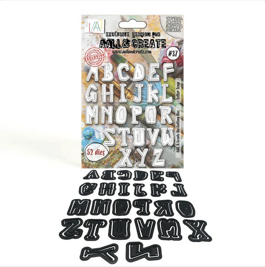 AALL & Create Letter Soup #37 cutting dies set showing complete A-Z alphabet with shadow layers in bold chunky font, displayed with packaging and individual black die-cut letters