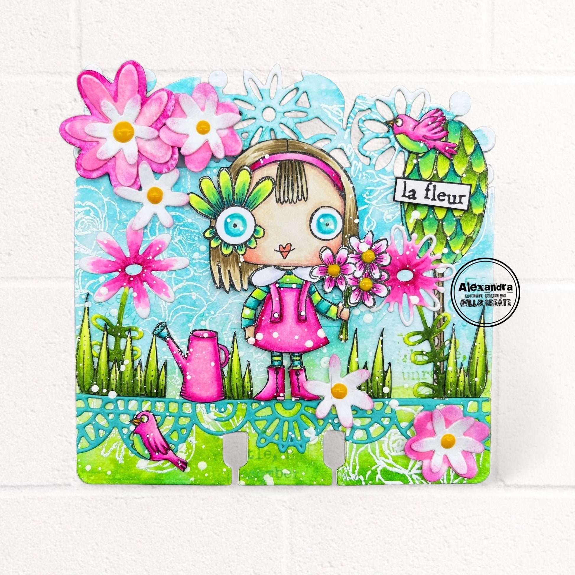 'La fleur' whimsical card made with AALL & Create Floral Fantasy dies featuring coloured character holding a bouquet, bright pink and turquoise background with dimensional die-cut daisies