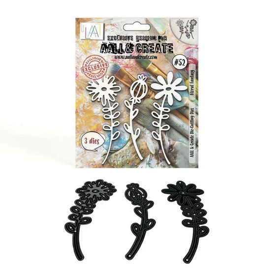 AALL & Create Floral Fantasy #52 cutting dies set showing 3 whimsical flower stems with curved organic shapes including daisy and poppy-style blooms, displayed with packaging and black dies