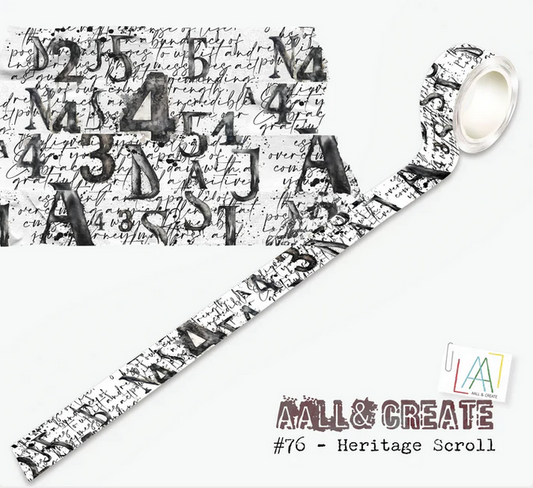 AALL & Create Layer It Up Heritage Scroll #76 washi tape roll showing vintage handwritten script overlaid with distressed numbers in black and white, displayed with close-up detail and full roll