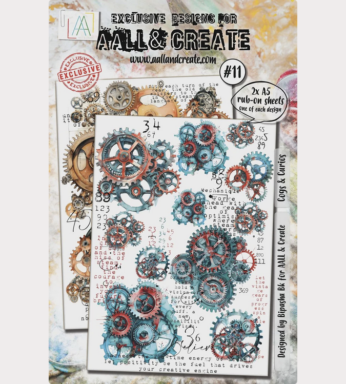 AALL & Create Cogs & Curios #11 rub-on transfer sheets showing steampunk gears and mechanical cogs in distressed turquoise, coral and bronze tones on two A5 sheets with packaging and sample application