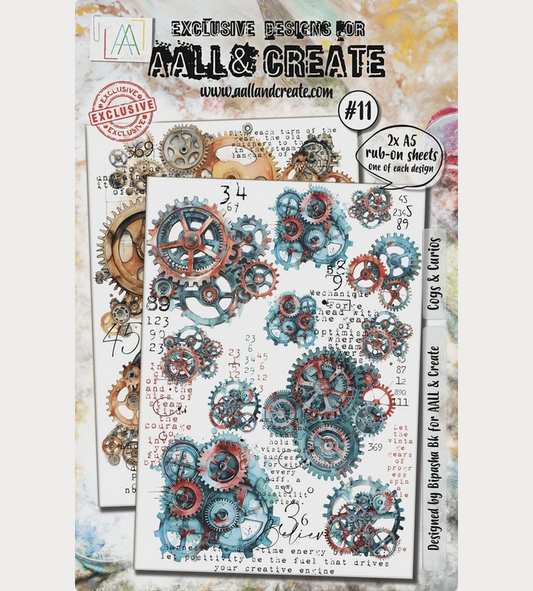 AALL & Create Cogs & Curios #11 rub-on transfer sheets showing steampunk gears and mechanical cogs in distressed turquoise, coral and bronze tones on two A5 sheets with packaging and sample application