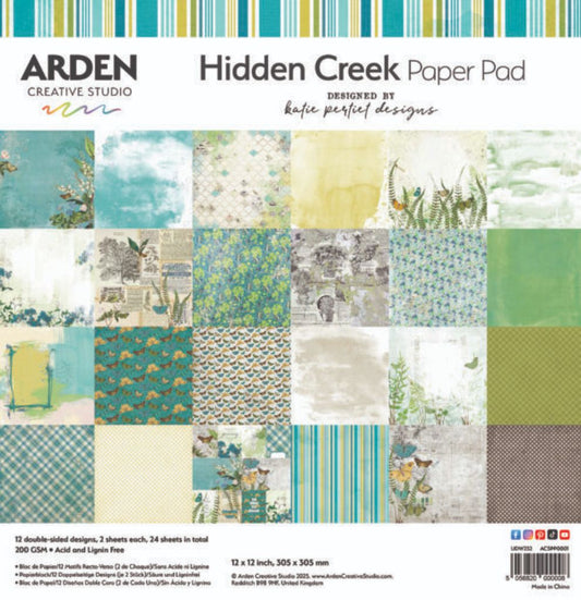 Arden Creative Studio Hidden Creek 12x12 Paper Pad — 24 double-sided sheets showing 12 designs including botanical illustrations, watercolour washes, butterfly prints, gingham and stripes in greens, teals and yellows, designed by Katie Pertiet Designs