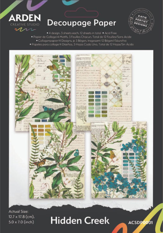 Arden Creative Studio Hidden Creek Decoupage Paper Pack — 12 sheets across 4 botanical designs featuring trailing greenery, lily of the valley, teal florals and vintage script in 5x7 inch size, designed by Katie Pertiet Designs 