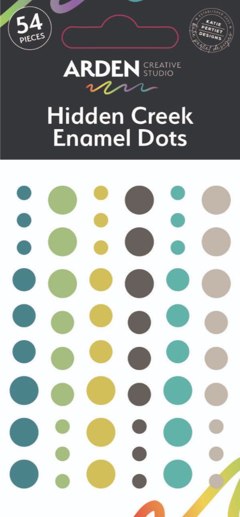 Arden Creative Studio Hidden Creek Enamel Dots — 54 self-adhesive enamel dots in teal, sage green, olive, charcoal, warm taupe and bright teal, in 4mm, 6mm and 8mm sizes, designed by Katie Pertiet Designs 