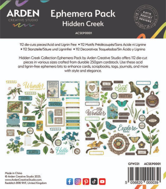 Arden Creative Studio Hidden Creek Ephemera Pack — 112 die-cut pieces including botanical sprigs, butterflies, word labels, tags and decorative frames in greens and teals, designed by Katie Pertiet Designs 