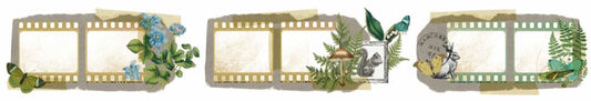 Close-up of Hidden Creek Filmstrip Kiss-Cut PET Tape designs — three vintage filmstrip sections decorated with botanical sprigs, ferns, butterflies, squirrels and postage accents in greens and teals 