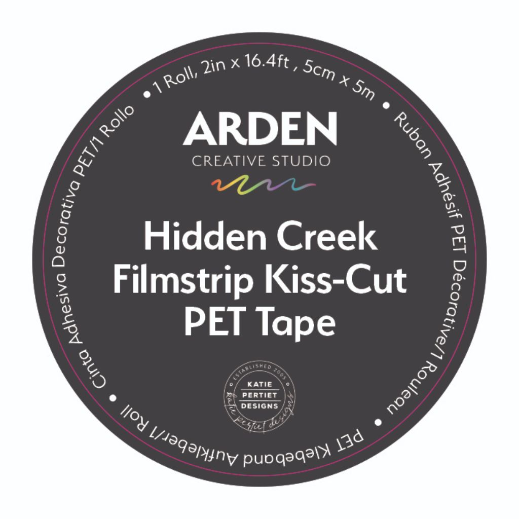 Arden Creative Studio Hidden Creek Filmstrip Kiss-Cut PET Tape — circular label showing product name, 5cm x 5m roll, designed by Katie Pertiet Designs