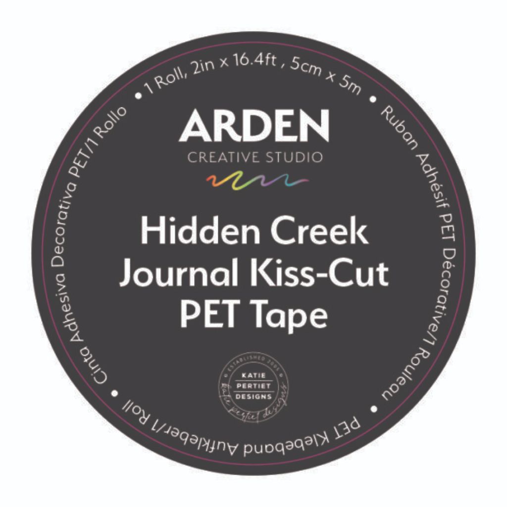 Arden Creative Studio Hidden Creek Journal Kiss-Cut PET Tape — circular label showing product name, 5cm x 5m roll, designed by Katie Pertiet Designs