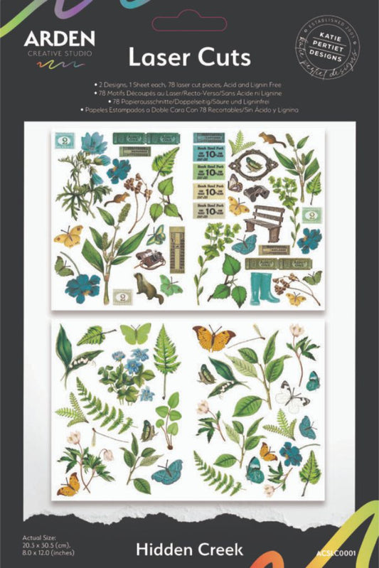 Arden Creative Studio Hidden Creek Laser Cuts — 78 pre-cut botanical and butterfly pieces across 2 double-sided sheets, featuring ferns, leaves, butterflies and countryside motifs in greens and teals, designed by Katie Pertiet Designs