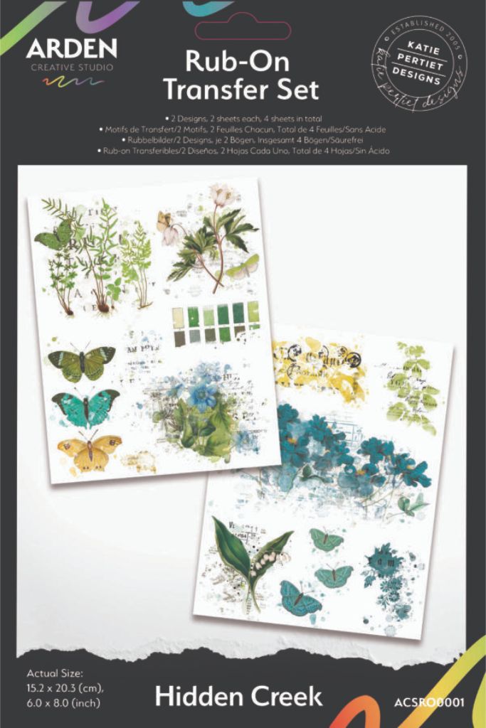 Arden Creative Studio Hidden Creek Rub-On Transfer Set — 4 sheets showing botanical illustrations, watercolour butterflies and floral designs in greens, teals and yellows, designed by Katie Pertiet Designs