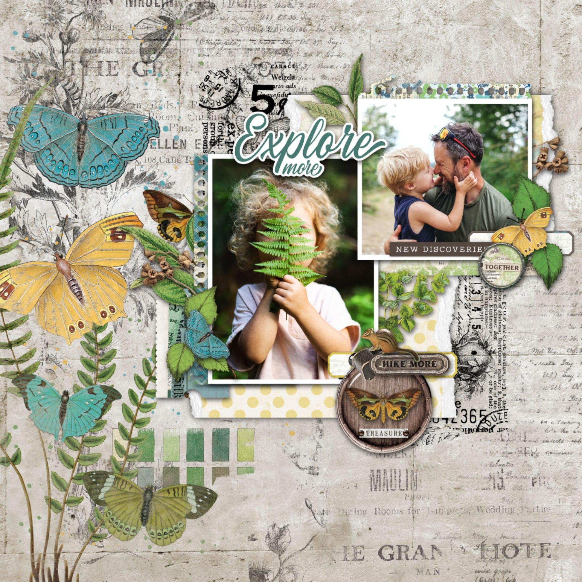 Scrapbook layout sample using Arden Creative Studio Hidden Creek collection, featuring multiple butterfly die-cuts in teal and yellow, botanical fern and leaf die-cuts, vintage newsprint and script patterned paper background, postage stamp embellishments, chipmunk die-cut, and "Explore More / Hike More / Treasure / New Discoveries / Together" sentiments.