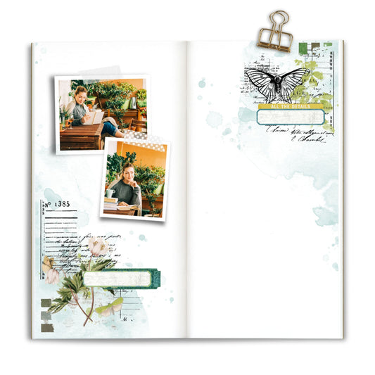 Traveler's notebook journal spread sample using Arden Creative Studio Hidden Creek collection, featuring Polaroid-style photo clusters, butterfly stamp, botanical floral die-cuts, vintage script and ledger patterned papers, teal watercolour ink wash background, binder clip embellishment, and "All the Details" sentiment label.