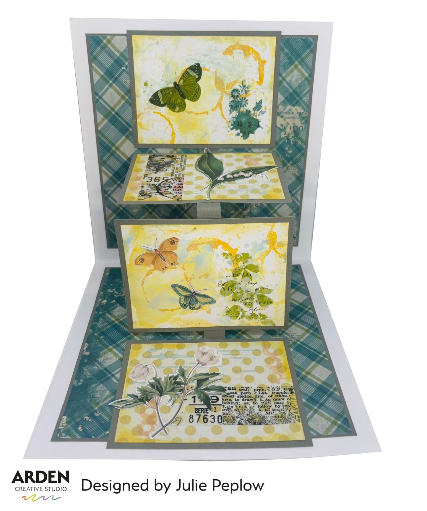 Handmade cascading easel card sample using Arden Creative Studio Hidden Creek collection, featuring three tiered mixed media panels with butterfly stamping in green, orange and yellow tones, botanical floral and leaf stamping, vintage postage stamp and typography ephemera, teal plaid patterned paper side panels, and a polka dot patterned paper base.
