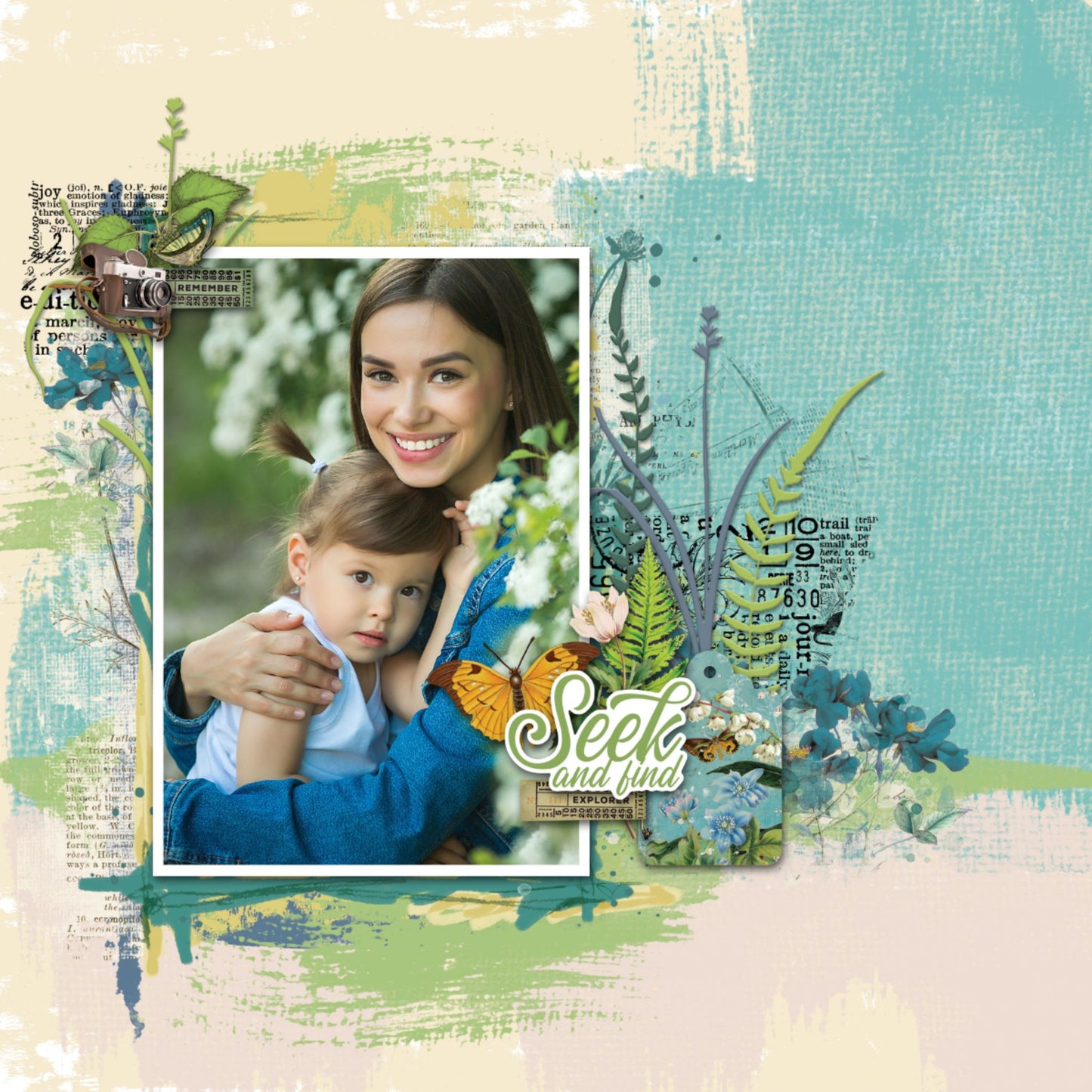 "Seek and Find" scrapbook layout sample using Arden Creative Studio Hidden Creek collection, featuring a portrait photo mat, teal botanical die-cuts, orange butterfly, and mixed media brush stroke background in teal, yellow and cream.