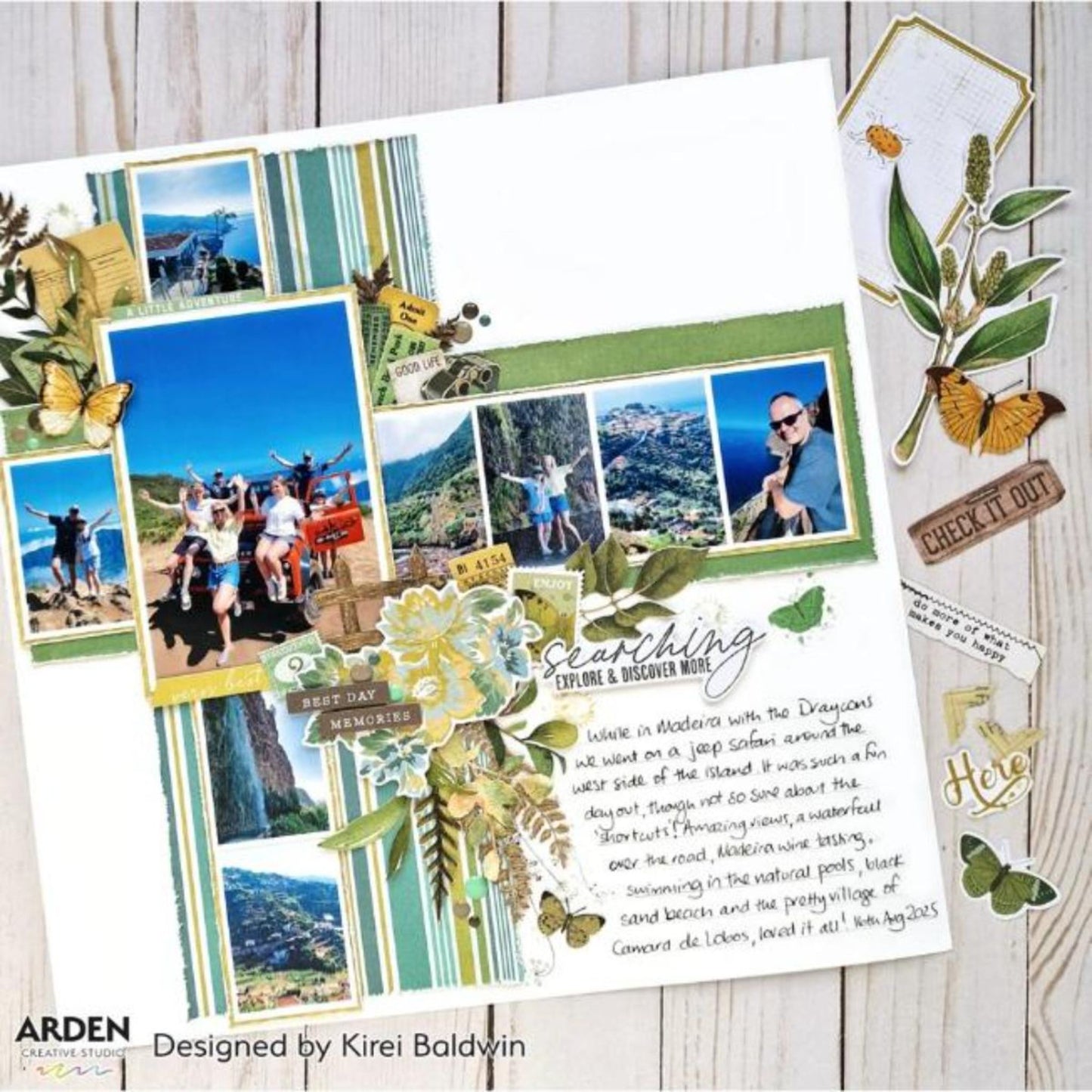 "Searching / Explore and Discover More" travel scrapbook layout sample using Arden Creative Studio Hidden Creek collection, featuring multiple holiday photos, green striped patterned paper, botanical floral die-cuts, and vintage ticket ephemera.