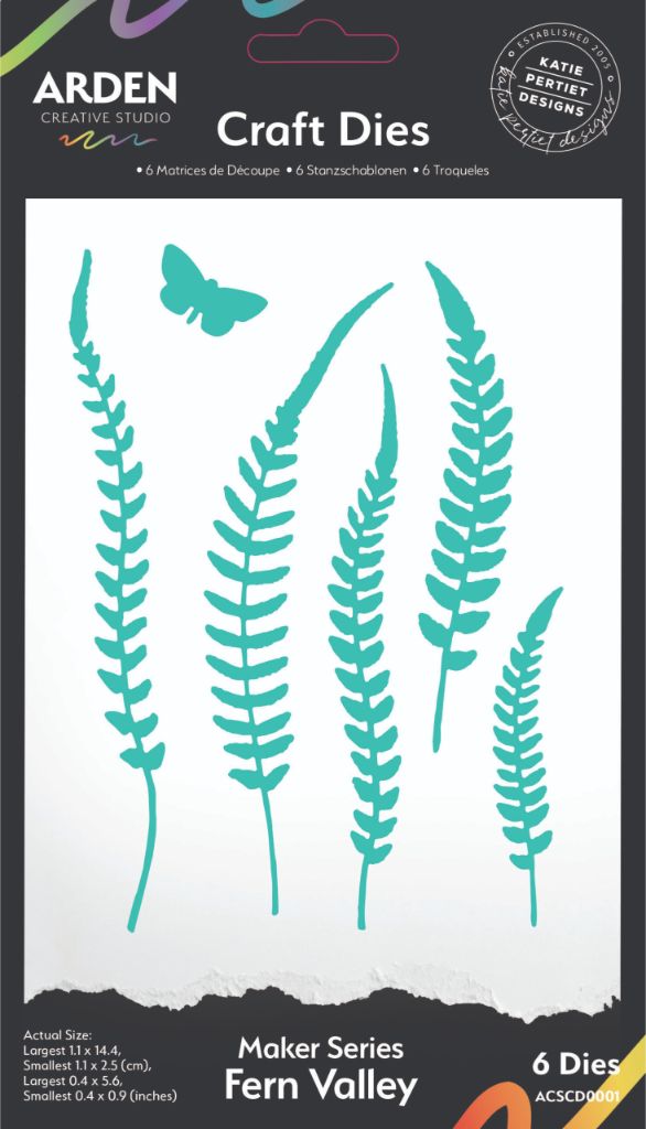 Arden Creative Studio Maker Series Fern Valley Craft Die Set — 6 teal dies including 5 slender fern fronds in varying heights and 1 butterfly, part of the Hidden Creek collection by Katie Pertiet Designs