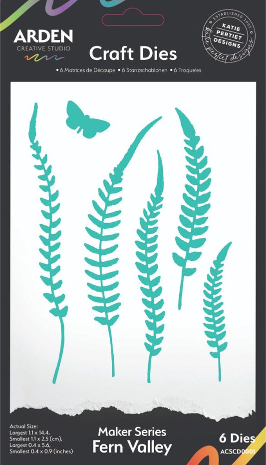 Arden Creative Studio Maker Series Fern Valley Craft Die Set — 6 teal dies including 5 slender fern fronds in varying heights and 1 butterfly, part of the Hidden Creek collection by Katie Pertiet Designs