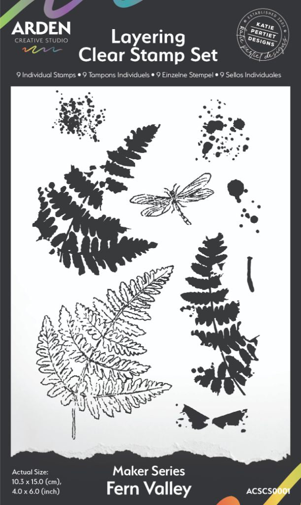 Arden Creative Studio Maker Series Fern Valley Layering Clear Stamp Set — 9 stamps including silhouette and outline fern fronds, dragonfly and ink splatter accents on a 10.3x15cm sheet, designed by Katie Pertiet Designs