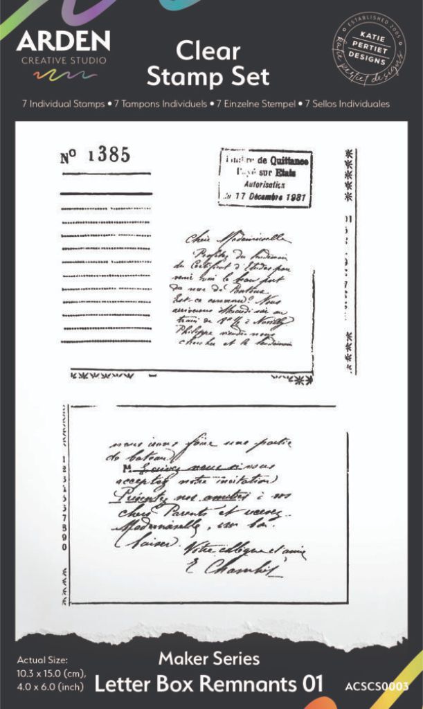 Arden Creative Studio Letter Box Remnants Clear Stamp Set — 7 vintage-style stamps featuring handwritten script, ledger lines and postage imagery, part of the Hidden Creek collection by Katie Pertiet Designs