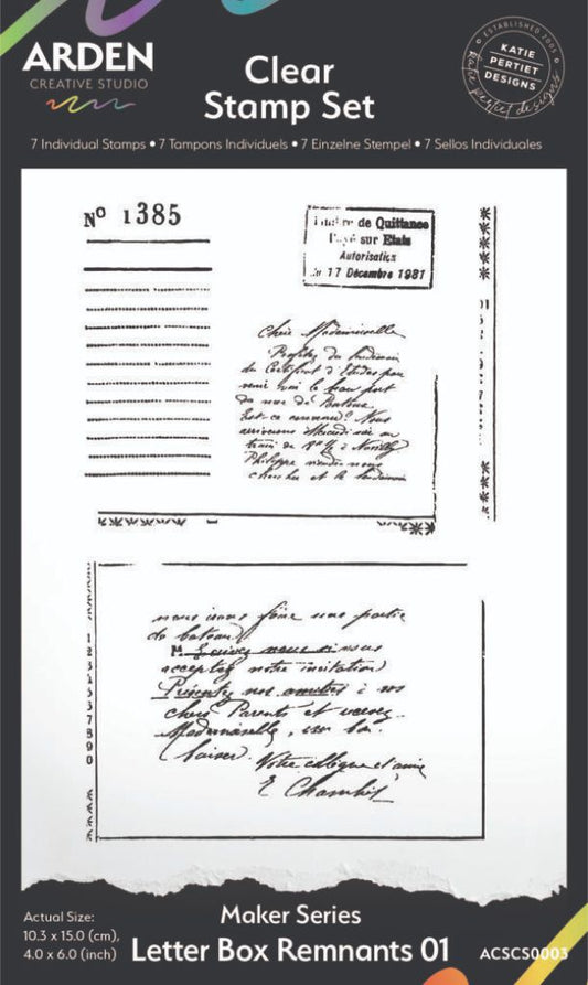 Arden Creative Studio Letter Box Remnants Clear Stamp Set — 7 vintage-style stamps featuring handwritten script, ledger lines and postage imagery, part of the Hidden Creek collection by Katie Pertiet Designs