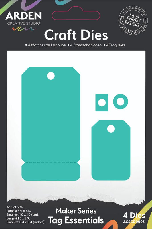 Arden Creative Studio Tag Essentials Die Set — 4 craft dies including two tag shapes and hole punch dies, part of the Hidden Creek collection by Katie Pertiet Designs