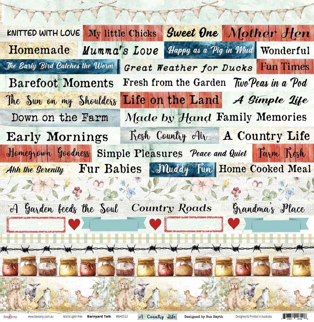 Front of Bee Arty Barnyard Talk paper with country sayings, labels, hearts, borders, preserving jars and farm animals