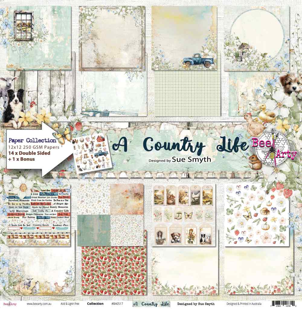 Front of Bee Arty A Country Life cover sheet with paper design previews and printed collection title artwork
