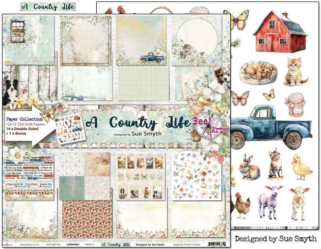 Bee Arty A Country Life 12x12 cover sheet showing the collection artwork front and farm cut-apart reverse