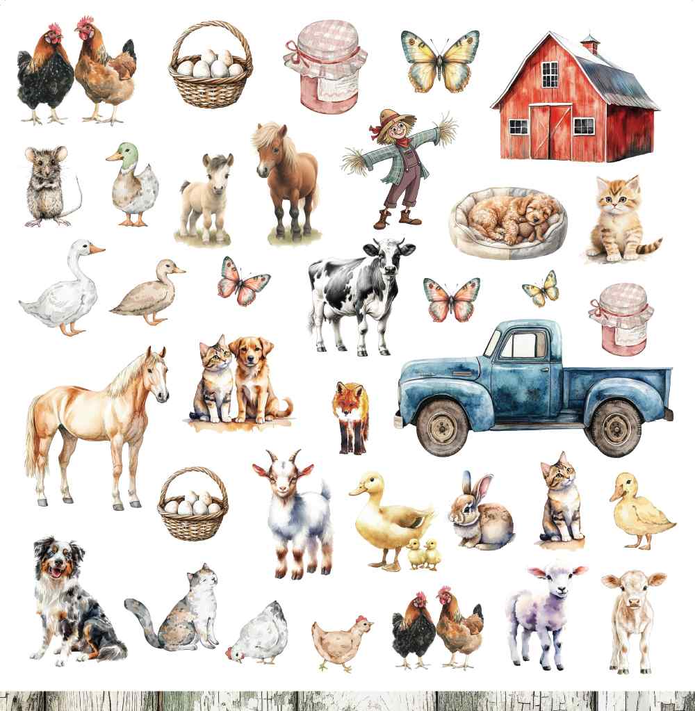 Reverse of Bee Arty A Country Life cover sheet with cut-apart farm animals, barn, pickup truck and country icons