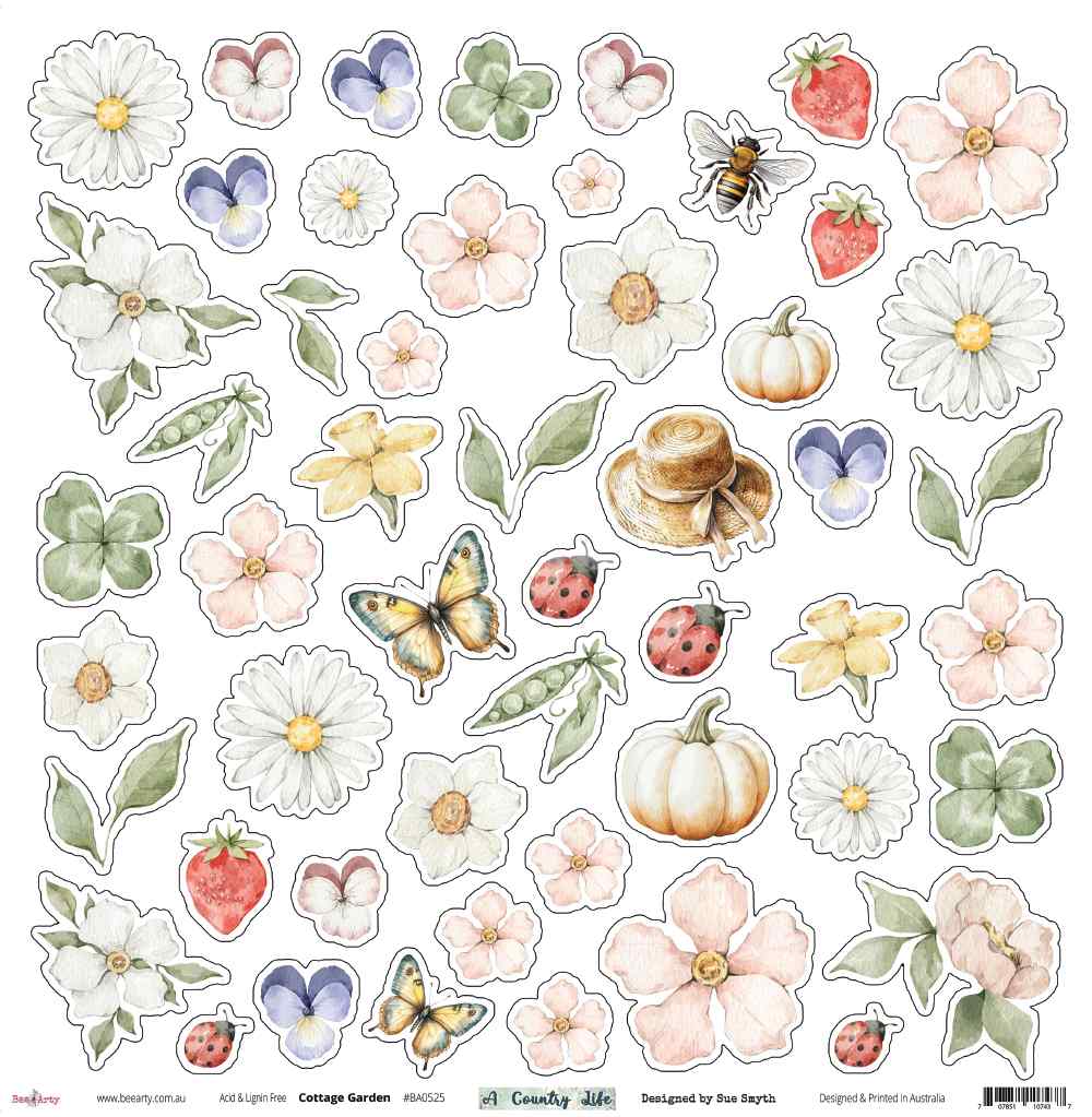 Front of Bee Arty Cottage Garden paper with cut-apart flowers, strawberries, pumpkins, insects and garden details