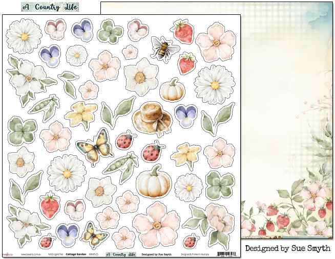 Bee Arty Cottage Garden 12x12 paper showing cut-apart garden elements and the floral strawberry reverse
